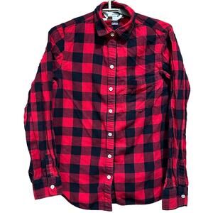 Old Navy Women Flannel Shirt S Black Red Buffalo Classic Fit Button Up Cotton